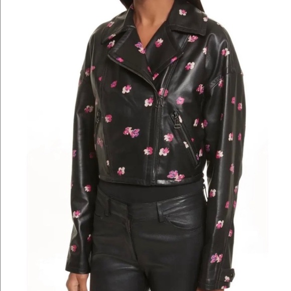 Rebecca Taylor Floriana Black Leather Jacket, Cropped, Pink Flower Print, Sz 2 - Picture 2 of 16